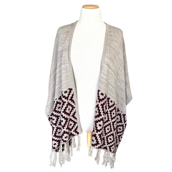 Charlotte Russe Sweaters - Charlotte Russe Sweater Womens S/M Tan Maroon Cardigan Aztec Southwestern Fringe